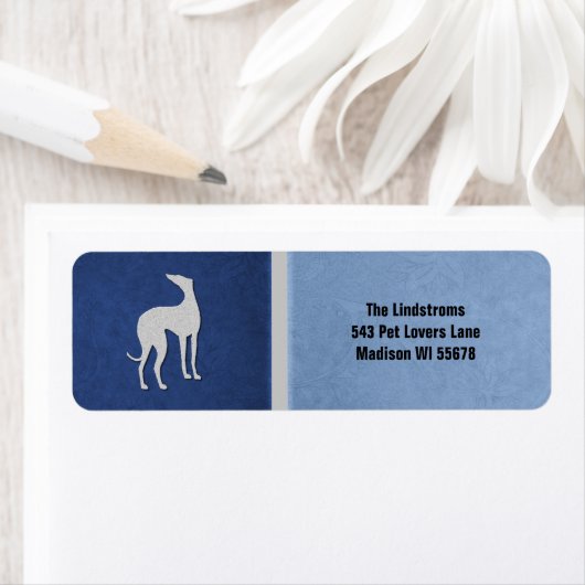 Elegant Greyhound Silhouet in Blauw Custom Etiket (Insitu)