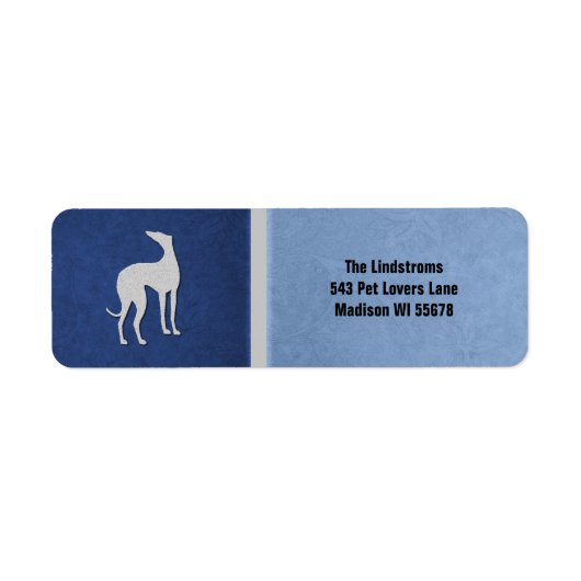 Elegant Greyhound Silhouet in Blauw Custom Etiket (Voorkant)