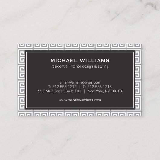 Elegant Grieks Sleutelpatroon in Grijs/Wit Visitekaartje (Achterkant)