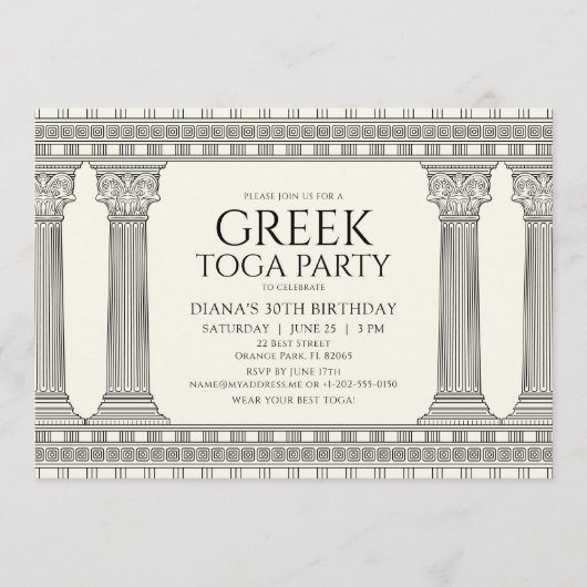 Elegant Grieks Toga Verjaardagsfeest met Tempel Kaart (Voorkant)