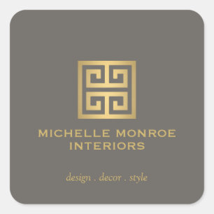 Elegant Griekse Sleutel Designer Logo Goud/Taupe Vierkante Sticker
