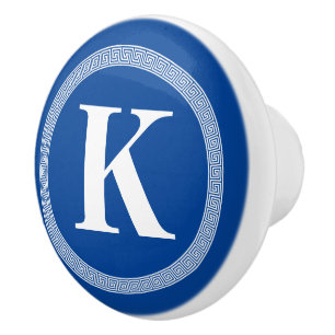 Elegant Griekse sleutelmanander patroon blauwe tre Keramische Knop