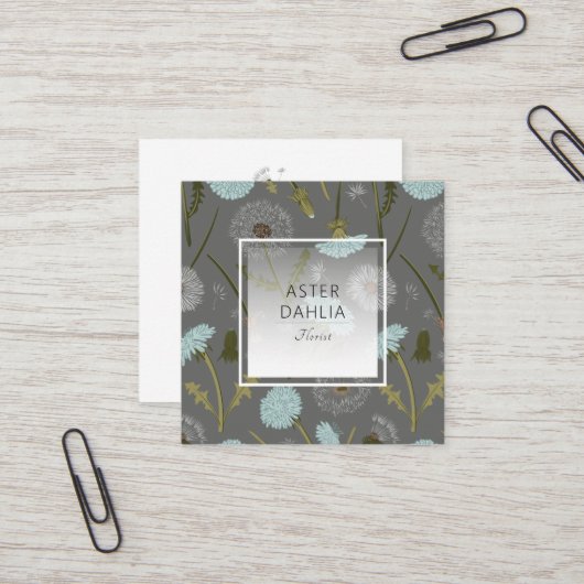 Elegant Grijs Blauw Paardebloem Bloemen Vierkante Visitekaartje (Voorkant / Achterkant in situ)