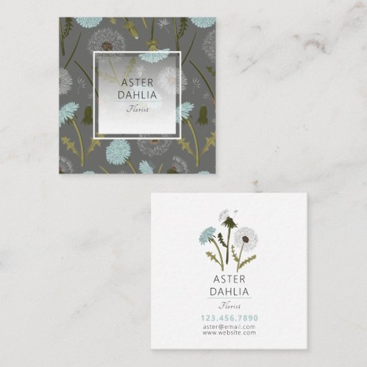 Elegant Grijs Blauw Paardebloem Bloemen Vierkante Visitekaartje (Voorkant / Achterkant)