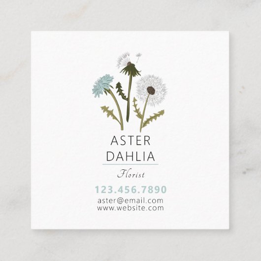 Elegant Grijs Blauw Paardebloem Bloemen Vierkante Visitekaartje (Achterkant)