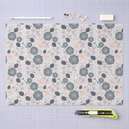 Elegant grijs blauw perzik bloemmotief tissuepapier (Craft)