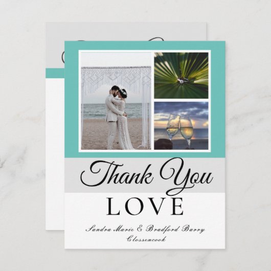 Elegant Grijs Blauwgroen Script Trouwfoto collage Bedankkaart (Voorkant / Achterkant)