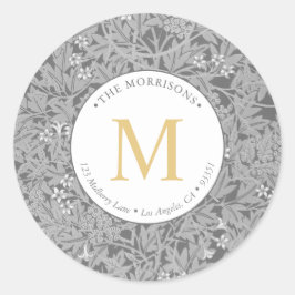 Elegant grijs bloemmotief gouden monogram retourad ronde sticker