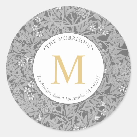 Elegant grijs bloemmotief gouden monogram retourad ronde sticker (Voorkant)