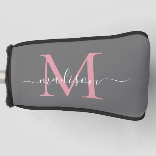 Elegant grijs blush roze monogram vrouwelijk scrip golfheadcover (Voorkant)