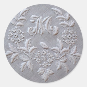 Elegant Grijs Borduurwerk Bloemen Monogram letter  Ronde Sticker