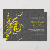 Elegant Grijs Damasks Gele Kant Bruiloft Kaart (Voorkant / Achterkant)