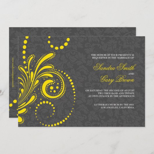 Elegant Grijs Damasks Gele Kant Bruiloft Kaart (Voorkant / Achterkant)