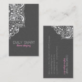 Elegant grijs damasks wit kant 2 visitekaartje (Voorkant / Achterkant)