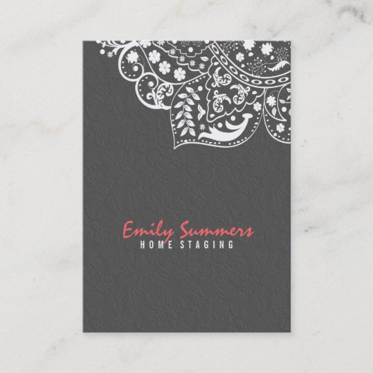 Elegant grijs damasks & wit  kant 2 visitekaartje (Voorkant)