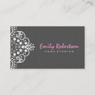 Elegant Grijs Damasks Wit  Kant 2a Visitekaartje