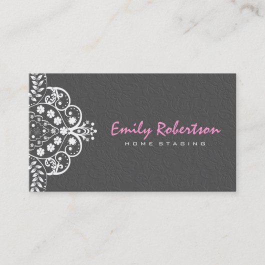 Elegant Grijs Damasks Wit Kant 2a Visitekaartje (Voorkant)