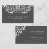 Elegant grijs damasks wit kant 2c visitekaartje (Voorkant / Achterkant)