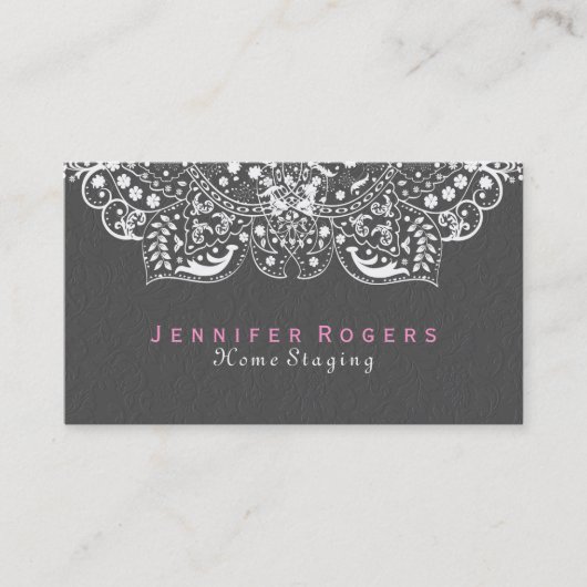 Elegant grijs damasks wit kant 2c visitekaartje (Voorkant)