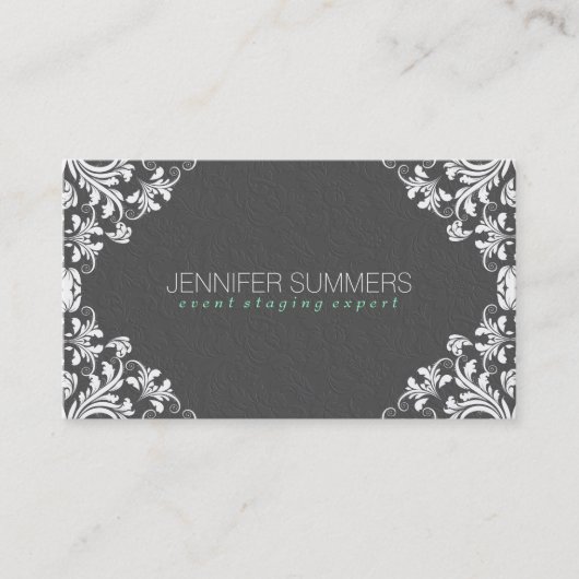 Elegant Grijs Damasks Wit  Kant Lijst Visitekaartje (Voorkant)