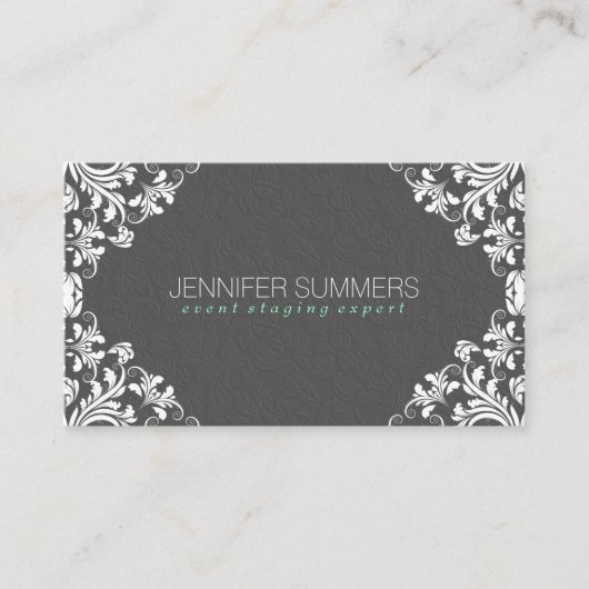 Elegant Grijs Damasks Wit Kant Lijst Visitekaartje (Voorkant)