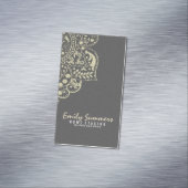 Elegant grijs damast beige kant visitekaartje magneet (Voorbeeld)