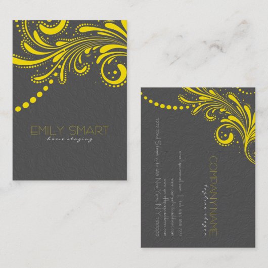 Elegant grijs damast en geel  kant visitekaartje (Voorkant / Achterkant)