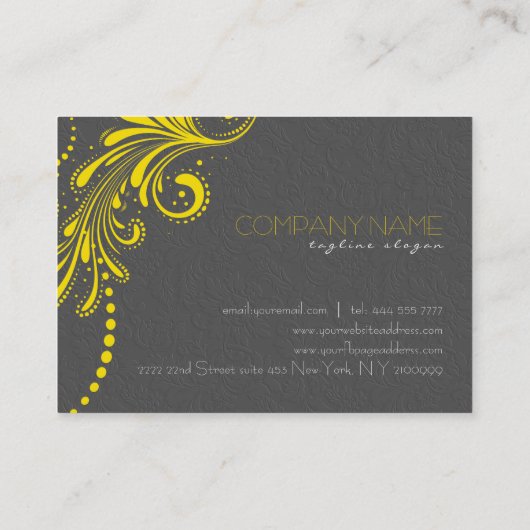 Elegant grijs damast en geel  kant visitekaartje (Achterkant)