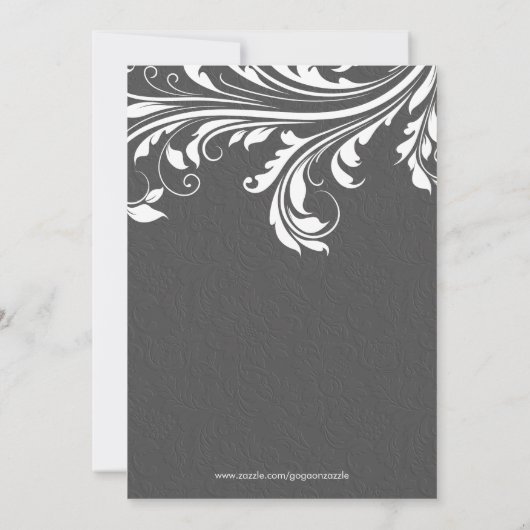 Elegant grijs damast en witte wervelingen bruiloft kaart (Achterkant)