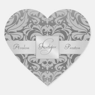 Elegant Grijs Damast Hart Bruiloft Sticker