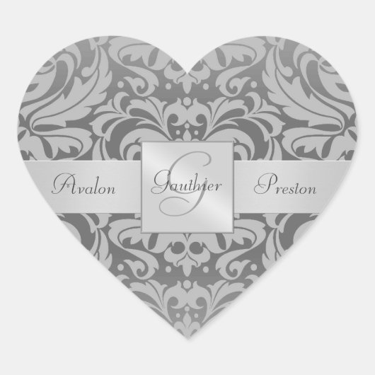 Elegant Grijs Damast Hart Bruiloft Sticker (Voorkant)
