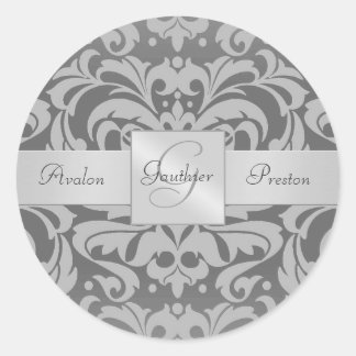 Elegant Grijs Damast Monogram Bruiloft Sticker