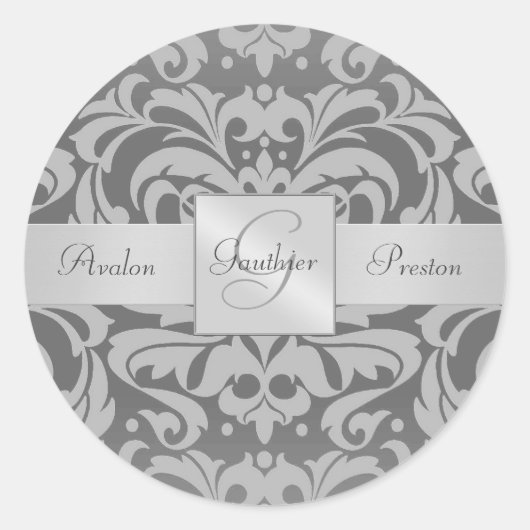 Elegant Grijs Damast Monogram Bruiloft Sticker (Voorkant)