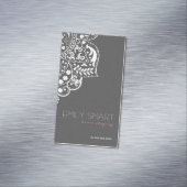 Elegant grijs damast wit  kant magnetisch visitekaartje (Voorbeeld)