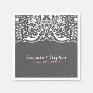 Elegant grijs damast wit  kant servetten