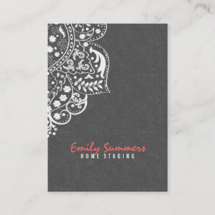 Elegant grijs damast & wit  kant visitekaartje
