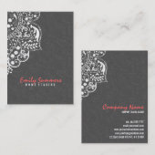Elegant grijs damast & wit  kant visitekaartje (Voorkant / Achterkant)