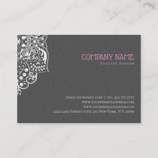 Elegant grijs damast wit kant visitekaartje (Achterkant)