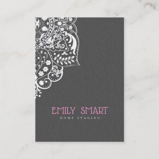 Elegant grijs damast wit kant visitekaartje (Voorkant)