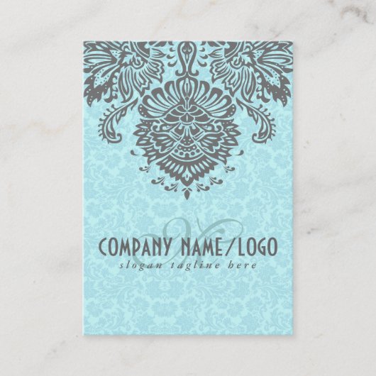 Elegant grijs en blauw  bloemdamast visitekaartje (Voorkant)