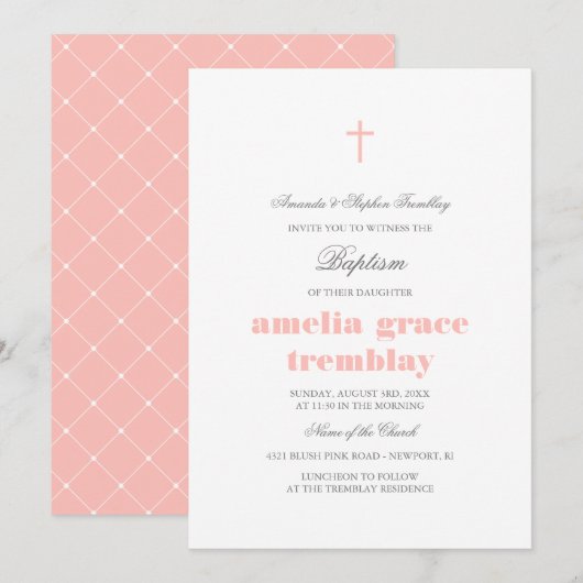 Elegant grijs en blush roze kruisdoop kaart (Voorkant / Achterkant)