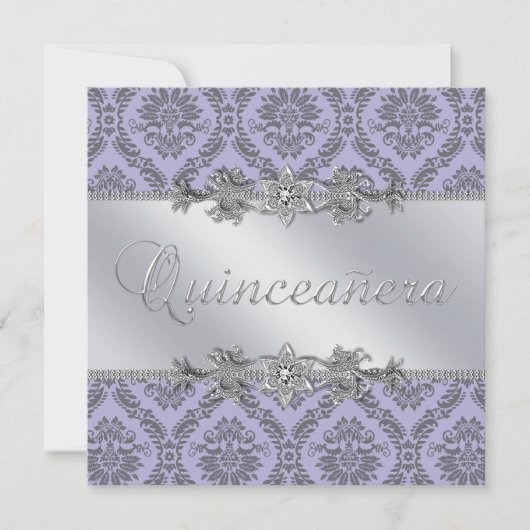 Elegant grijs en Paarse Damask Quinceanera Kaart (Voorkant)