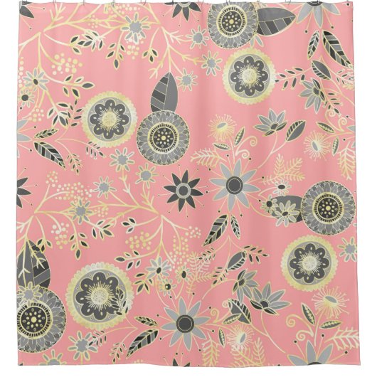 Elegant Grijs en Roze Folk Floral Golden Design Douchegordijn (Voorkant)
