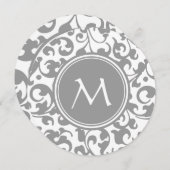 Elegant grijs en White Damask Scroll Monogram Kaart (Voorkant / Achterkant)