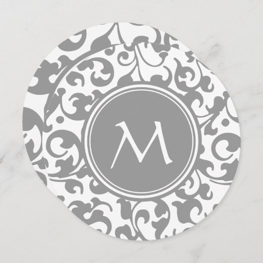 Elegant grijs en White Damask Scroll Monogram Kaart (Voorkant / Achterkant)