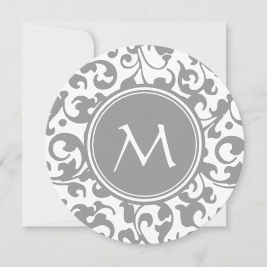 Elegant grijs en White Damask Scroll Monogram Kaart (Voorkant)