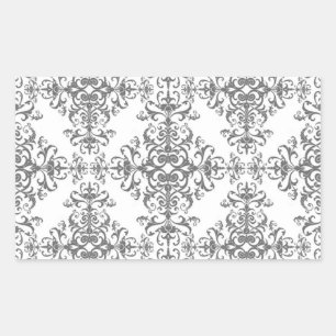 Elegant grijs en wit bloemmotief damast Victoriaan Rechthoekige Sticker
