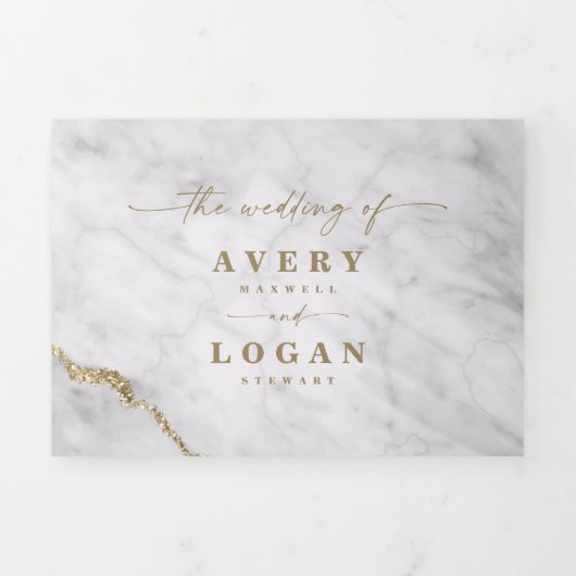 Elegant grijs en wit marmer met gouden folie bruil drieluik uitnodiging (Cover)