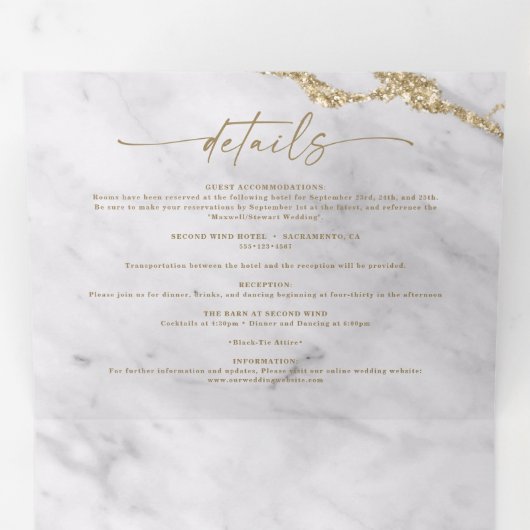 Elegant grijs en wit marmer met gouden folie bruil drieluik uitnodiging (Binnenzijde eerst)