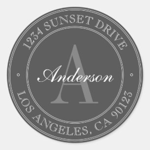 Elegant grijs en wit monogram adres ronde sticker
